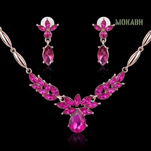 Bộ Vòng cổ + Bông Tai Bằng Hợp Kim Đính Đá Hình Hoa Cho Nữ