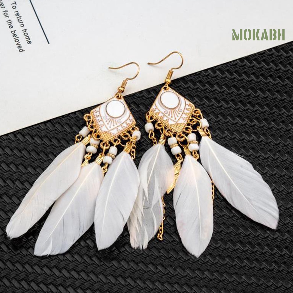 1 Đôi Bông Tai Dáng Dài Đính Lông Vũ Tua Rua Thời Trang