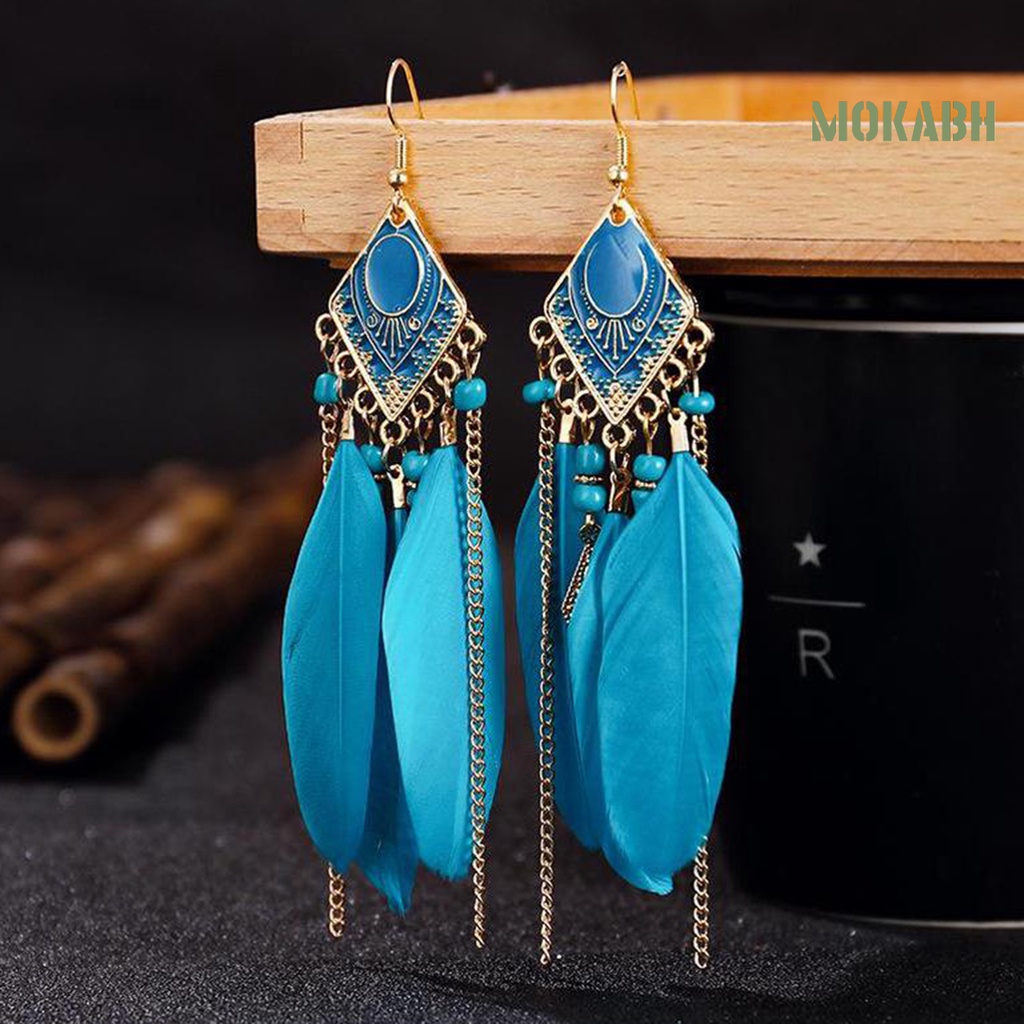 1 Đôi Bông Tai Dáng Dài Đính Lông Vũ Tua Rua Thời Trang