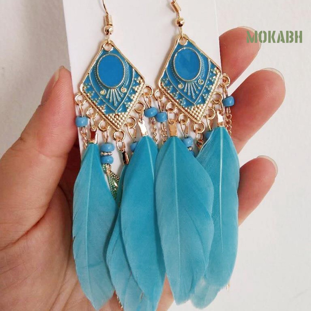 1 Đôi Bông Tai Dáng Dài Đính Lông Vũ Tua Rua Thời Trang