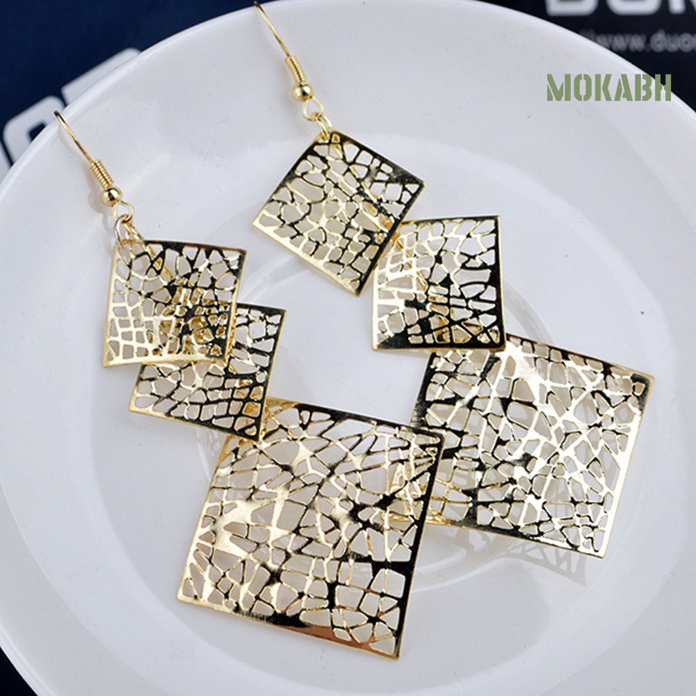 [mokabh] Bông Tai Dài Dạng Móc Hình Vuông Rỗng Thời Trang Dự Tiệc Cho Nữ