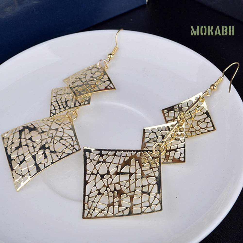 [mokabh] Bông Tai Dài Dạng Móc Hình Vuông Rỗng Thời Trang Dự Tiệc Cho Nữ