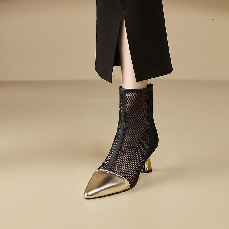 Giày Bốt Cao Gót Da Thật Phối Lưới Khóa Cài Thời Trang Mùa Xuân 2023 Cho Nữ