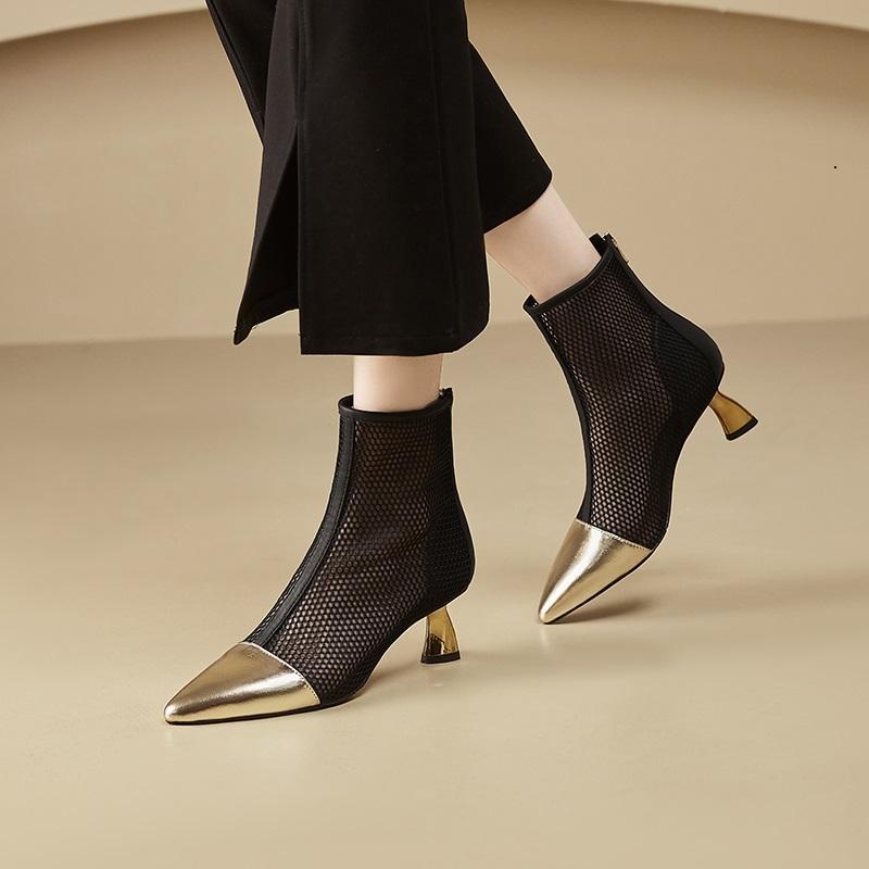 Giày Bốt Cao Gót Da Thật Phối Lưới Khóa Cài Thời Trang Mùa Xuân 2023 Cho Nữ