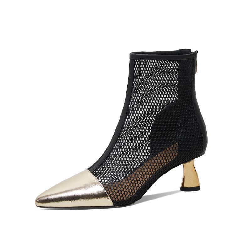 Giày Bốt Cao Gót Da Thật Phối Lưới Khóa Cài Thời Trang Mùa Xuân 2023 Cho Nữ