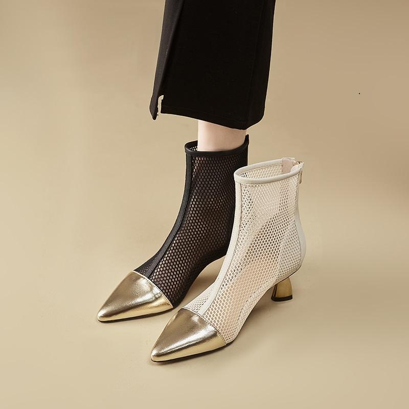 Giày Bốt Cao Gót Da Thật Phối Lưới Khóa Cài Thời Trang Mùa Xuân 2023 Cho Nữ