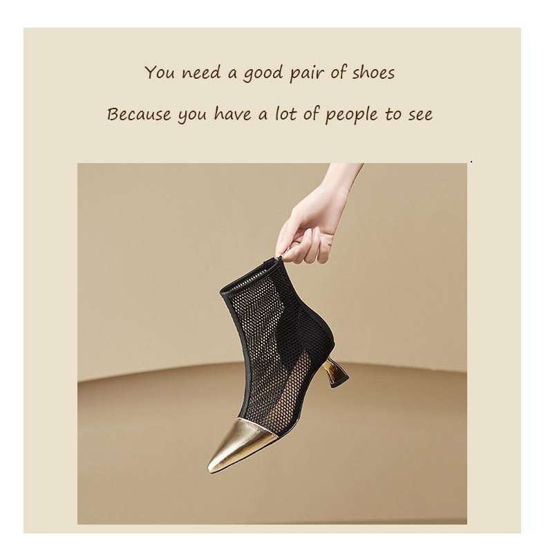 Giày Bốt Cao Gót Da Thật Phối Lưới Khóa Cài Thời Trang Mùa Xuân 2023 Cho Nữ