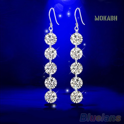 Bông Tai Dạng Móc Dáng Dài Đính 5 Đá Phối Tua Rua Thanh Lịch Cho Cô Dâu