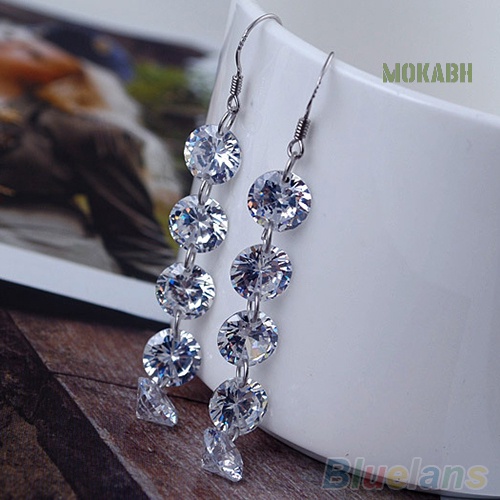 Bông Tai Dạng Móc Dáng Dài Đính 5 Đá Phối Tua Rua Thanh Lịch Cho Cô Dâu