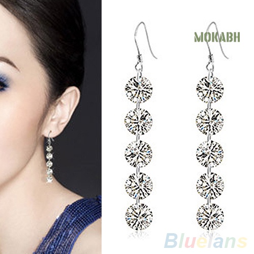 Bông Tai Dạng Móc Dáng Dài Đính 5 Đá Phối Tua Rua Thanh Lịch Cho Cô Dâu