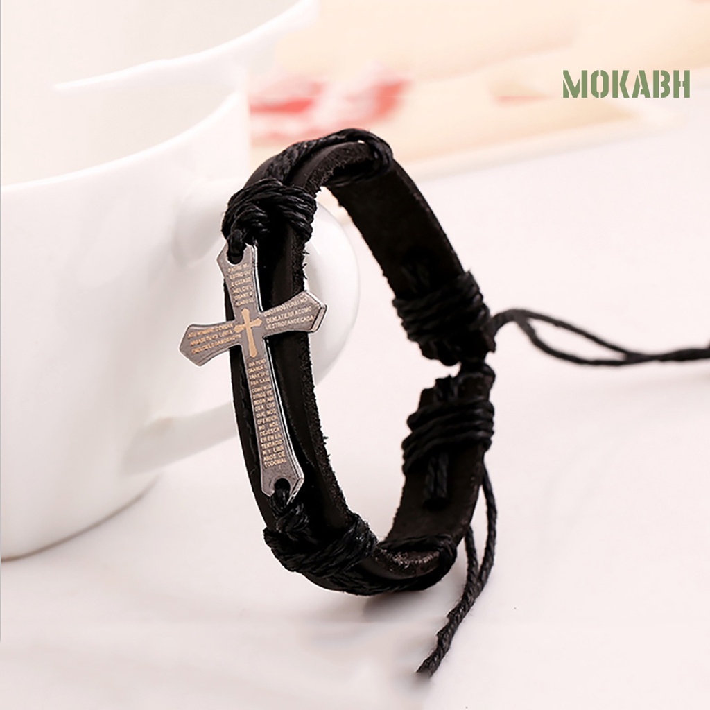 Vòng Đeo Tay Giả Da Họa Tiết Thánh Giá Có Thể Điều Chỉnh Kích Thước Cho Nam