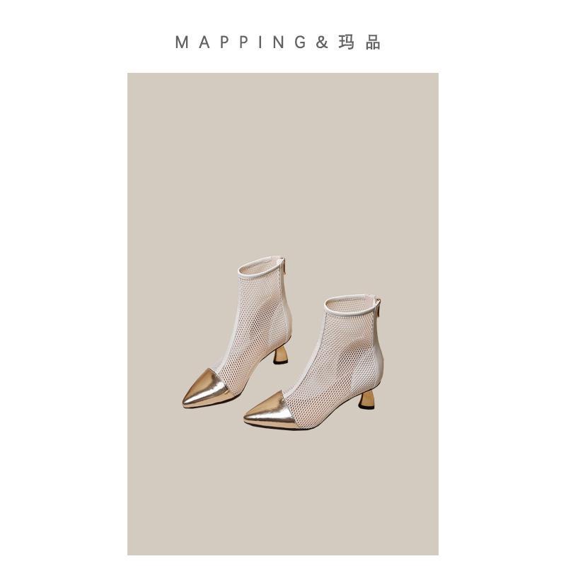 Giày Bốt Cao Gót Da Thật Phối Lưới Thời Trang Cho Nữ