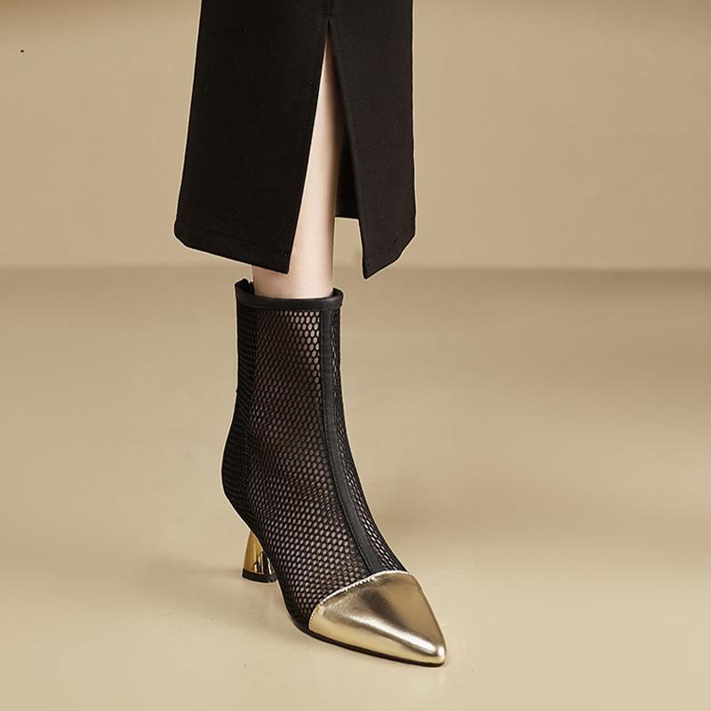 Giày Bốt Cao Gót Da Thật Phối Lưới Thời Trang Cho Nữ