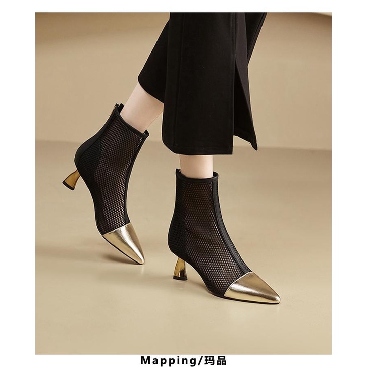Giày Bốt Cao Gót Da Thật Phối Lưới Thời Trang Cho Nữ