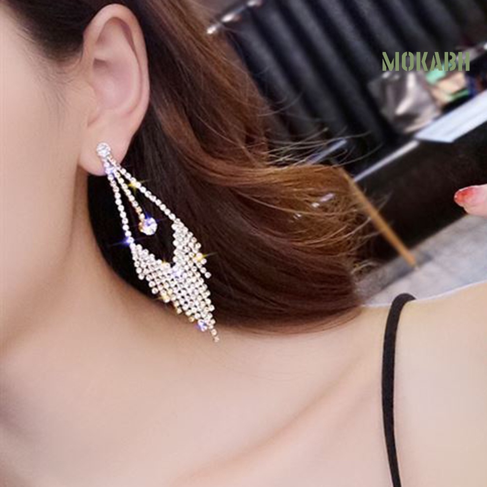 Bông Tai Dáng Dài Đính Đá Phối Tua Rua Sang Trọng Cho Nữ