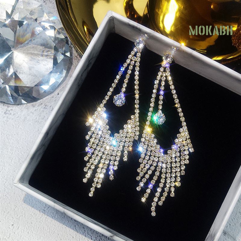 Bông Tai Dáng Dài Đính Đá Phối Tua Rua Sang Trọng Cho Nữ