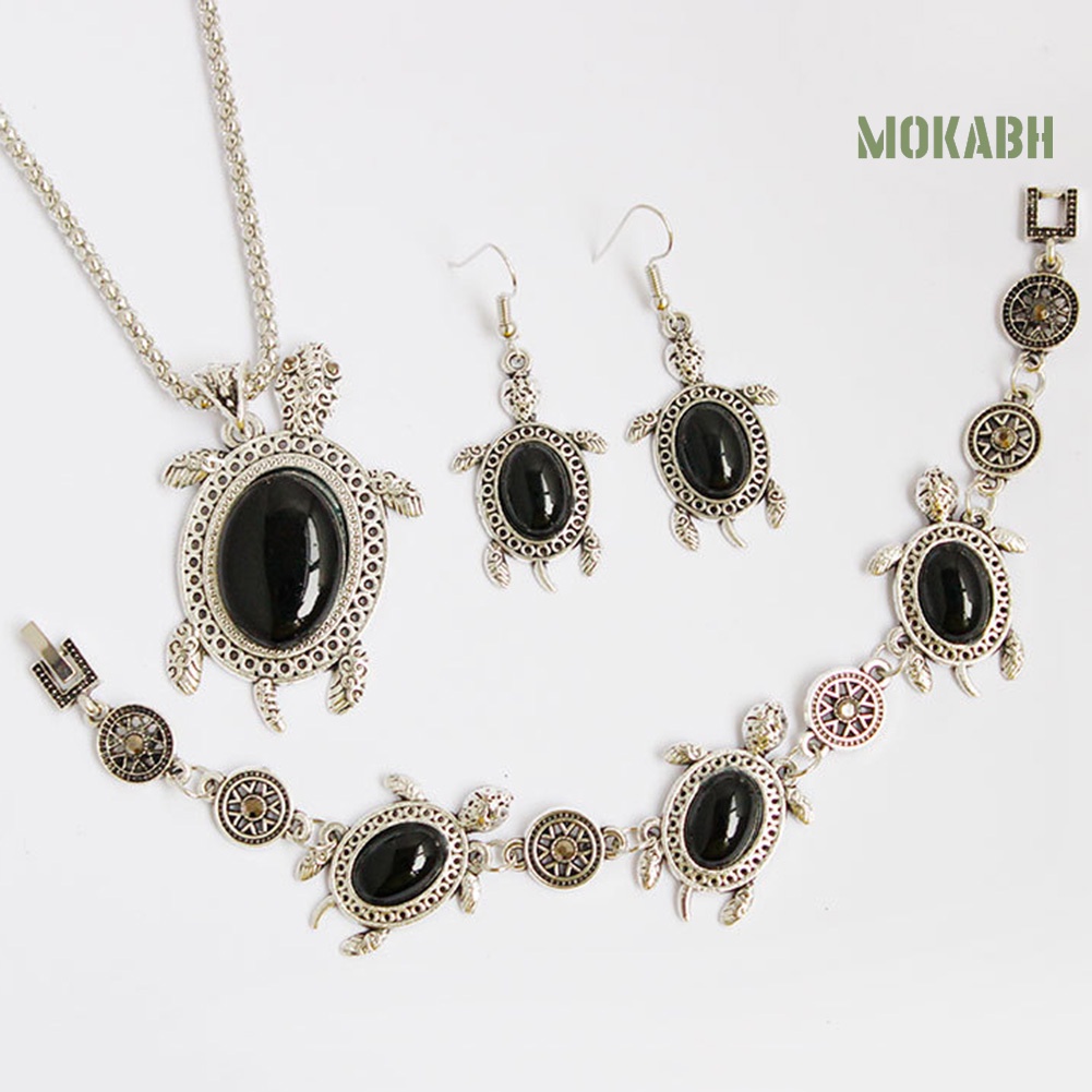 Bộ Trang Sức 3 Món Gồm Vòng cổ / Bông Tai / Vòng Tay Hình Rùa Đính Đá Ngọc Lam Nhân Tạo Cho Nữ