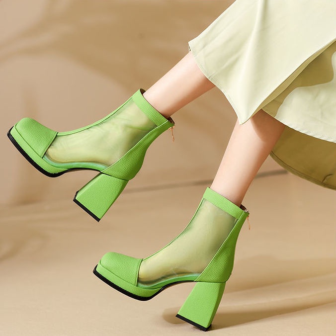 Giày Bốt Martin Cao Gót Chất Da Phối Lưới Mỏng Thoáng Khí Thời Trang Mùa Hè Cho Nữ