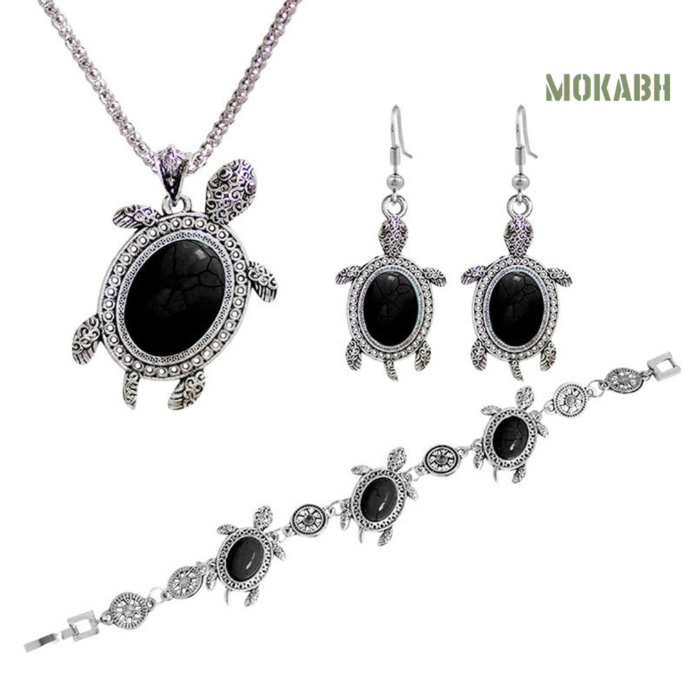 Bộ Trang Sức 3 Món Gồm Vòng cổ / Bông Tai / Vòng Tay Hình Rùa Đính Đá Ngọc Lam Nhân Tạo Cho Nữ