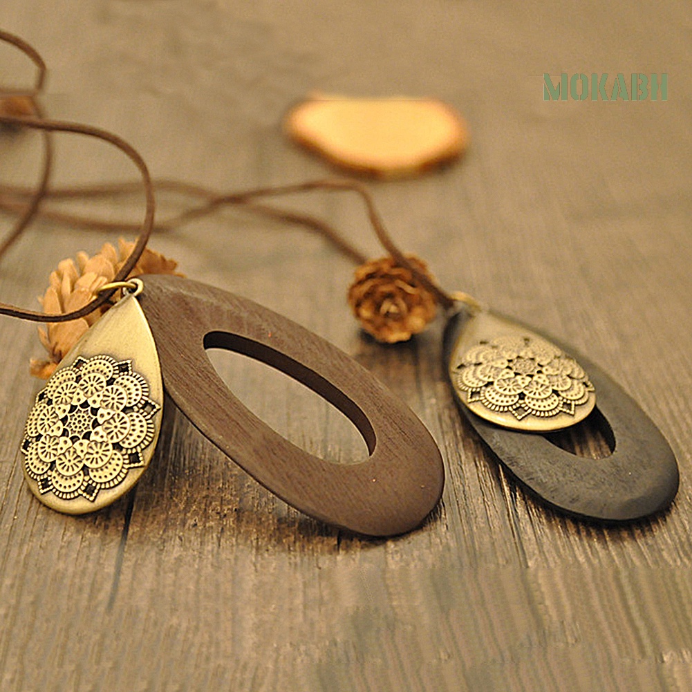 Vòng Cổ Dây Nhung Mặt Gỗ Hình Giọt Nước Chạm Khắc Rỗng Phong Cách Cổ Điển Cho Nữ