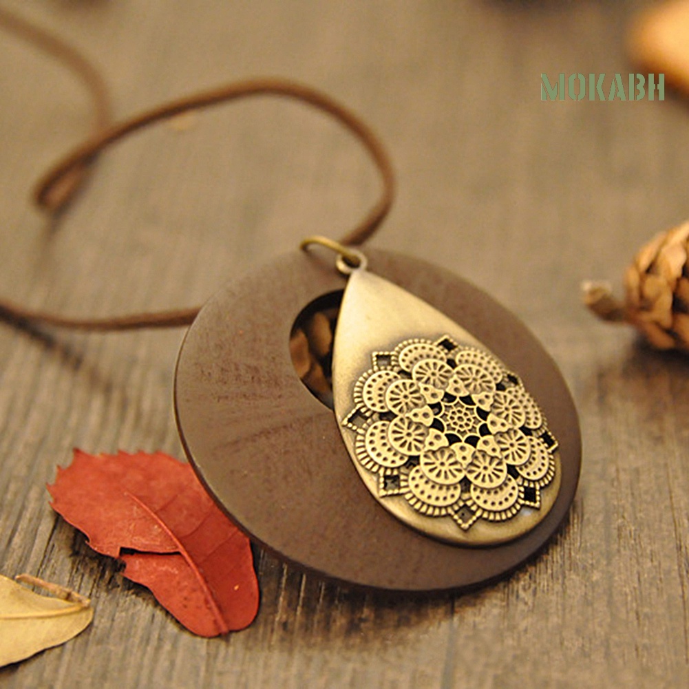 Vòng Cổ Dây Nhung Mặt Gỗ Hình Giọt Nước Chạm Khắc Rỗng Phong Cách Cổ Điển Cho Nữ