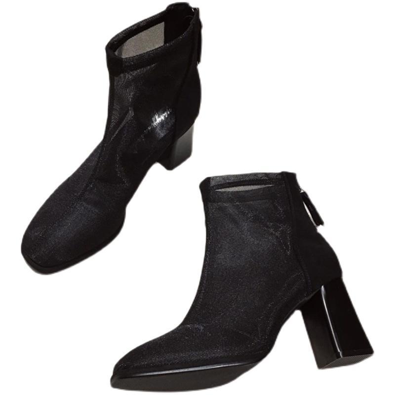 Giày Bốt Lưới Mũi Vuông Gót Dày Thoáng Khí Thời Trang Mùa Hè 2023 Phong Cách Mới Cho Nữ