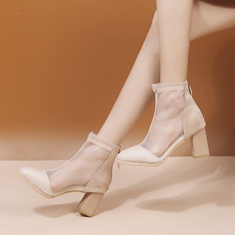 Giày Bốt Lưới Mũi Vuông Gót Dày Thoáng Khí Thời Trang Mùa Hè 2023 Phong Cách Mới Cho Nữ