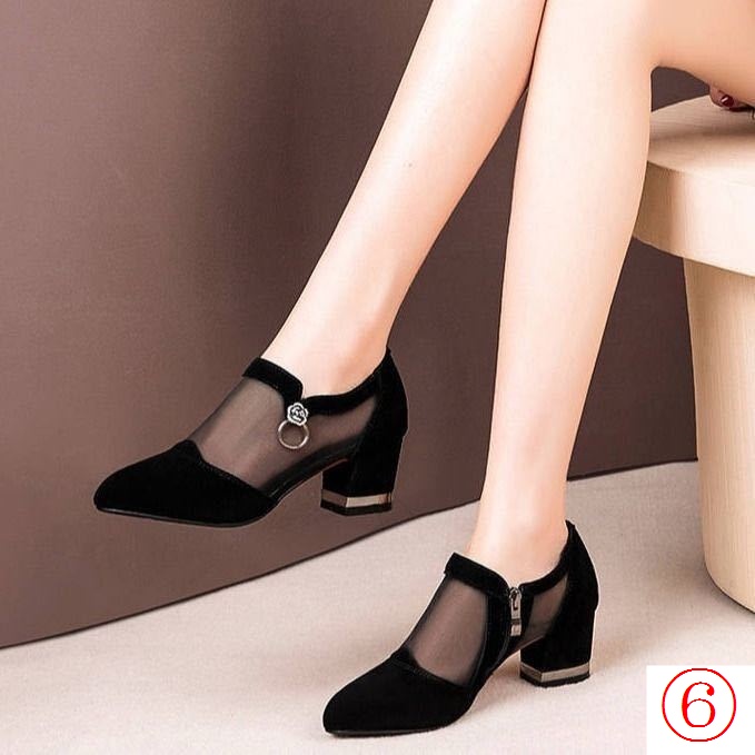 Giày Sandal Cao Gót Phối Lưới Thoáng Khí Phong Cách Xuân Thu Plus Size Cho Nữ