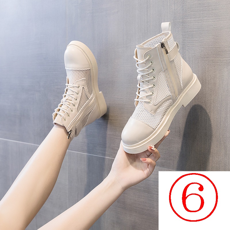 Giày Bốt Martin Da Mềm Cổ Cao Đế Bằng Phối Lưới Thời Trang Mùa Hè Cho Nữ