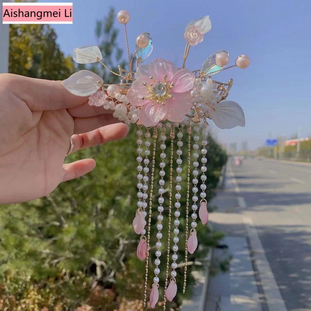 [Phụ Kiện Đẹp] Kẹp Tóc Tua Rua Hình Hoa Anh Đào Màu Hồng Ngọt Ngào Phong Cách Hanfu