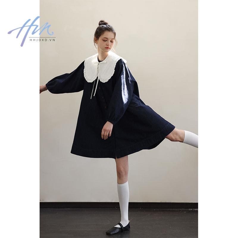 Đầm Denim Dáng Rộng Cổ Ren Nhuộm Màu Phản Quang Thời Trang Xuân Hè Cho Nữ