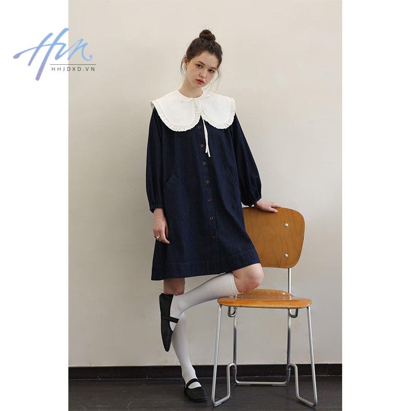 Đầm Denim Dáng Rộng Cổ Ren Nhuộm Màu Phản Quang Thời Trang Xuân Hè Cho Nữ