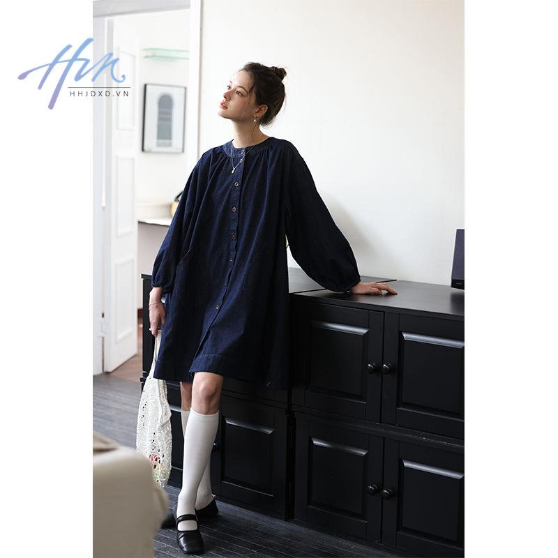 Đầm Denim Dáng Rộng Cổ Ren Nhuộm Màu Phản Quang Thời Trang Xuân Hè Cho Nữ