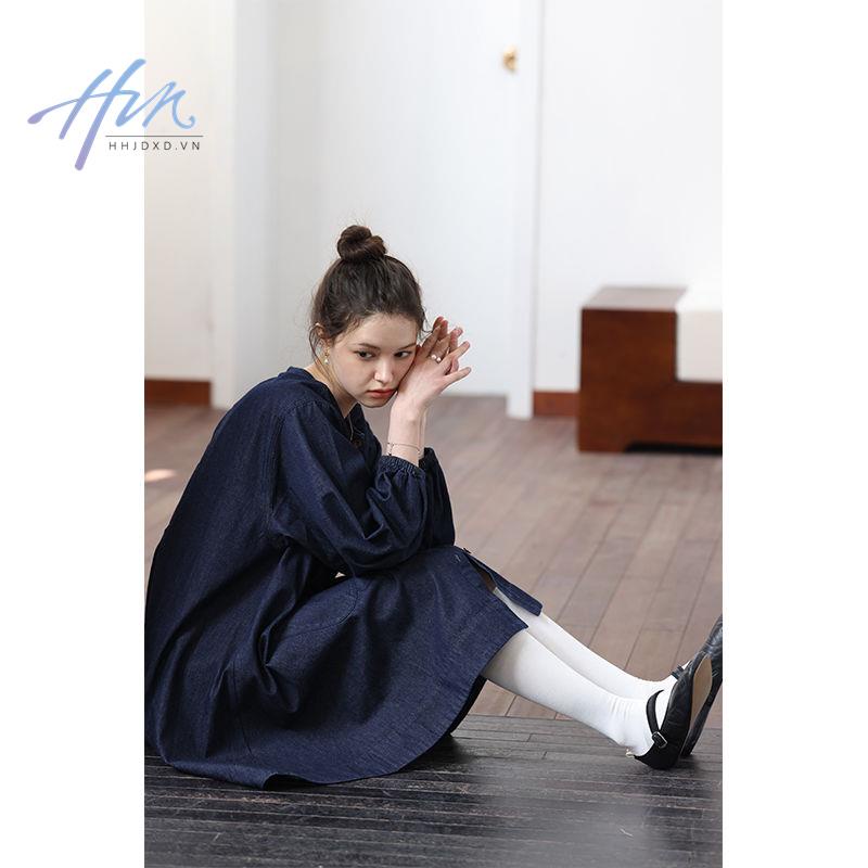 Đầm Denim Dáng Rộng Cổ Ren Nhuộm Màu Phản Quang Thời Trang Xuân Hè Cho Nữ