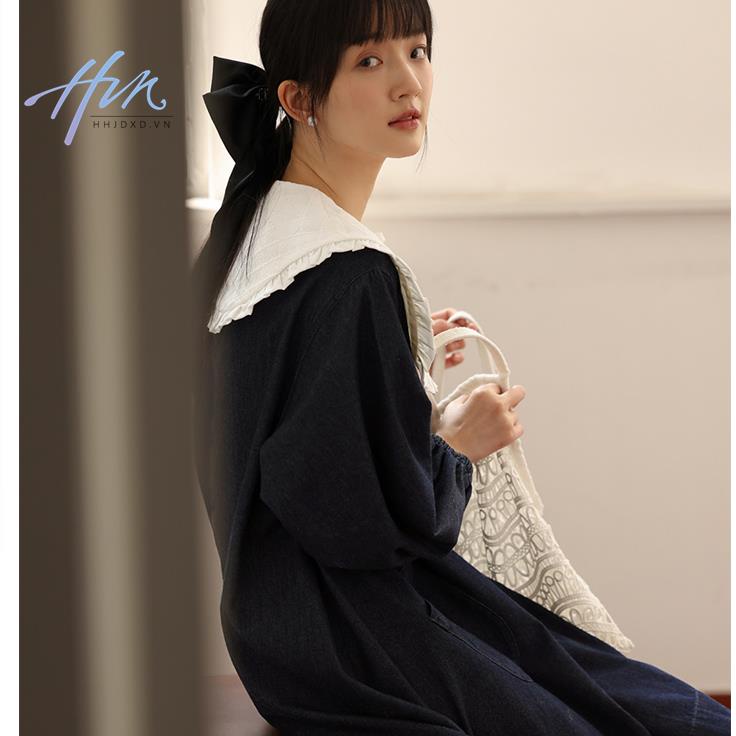 Đầm Denim Dáng Rộng Cổ Ren Nhuộm Màu Phản Quang Thời Trang Xuân Hè Cho Nữ