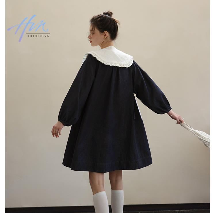 Đầm Denim Dáng Rộng Cổ Ren Nhuộm Màu Phản Quang Thời Trang Xuân Hè Cho Nữ