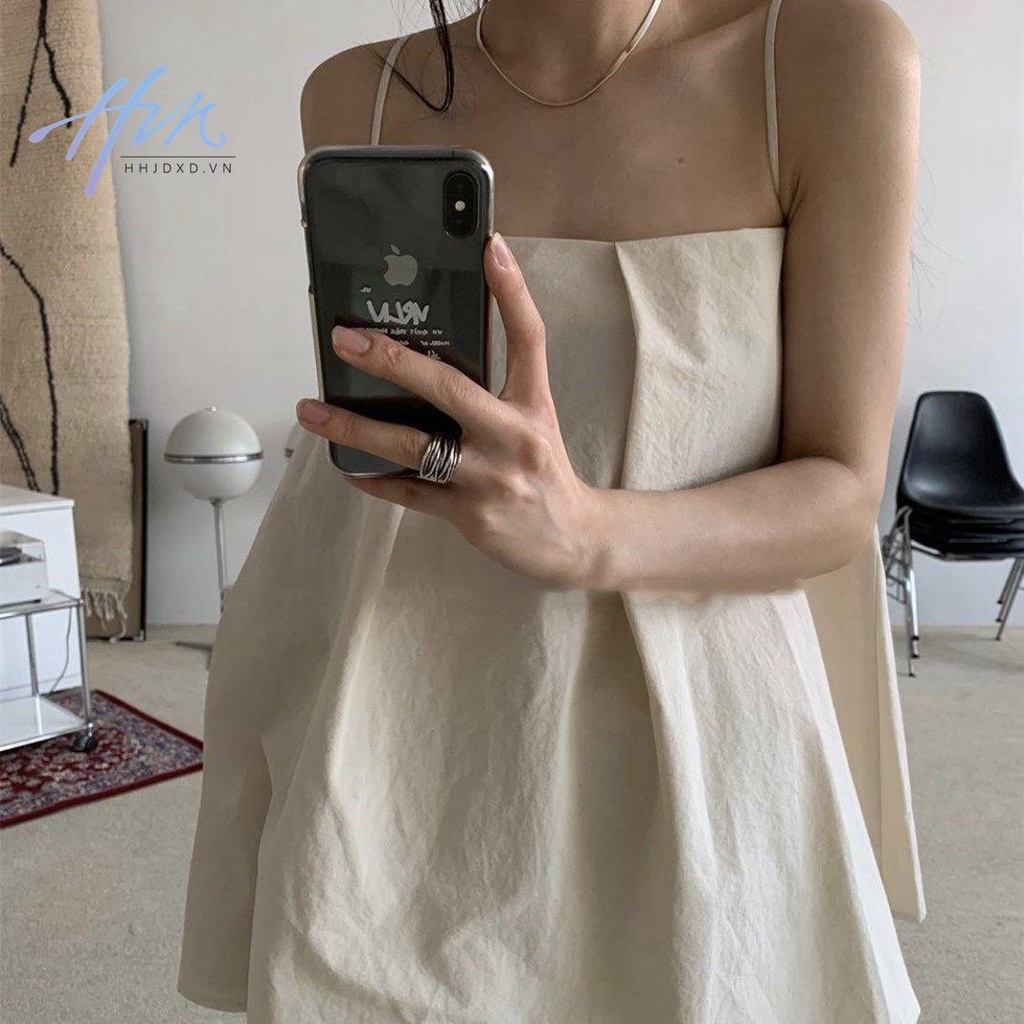 Áo Hai Dây Cổ Phẳng Xếp Ly Dáng Chữ a Màu Trơn Phong Cách Hàn Quốc Thời Trang Mùa Hè 2023 Dành Cho Bạn Nữ