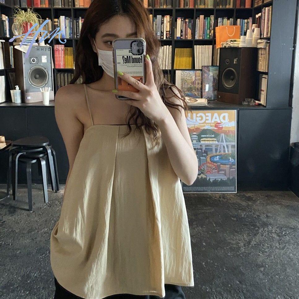 Áo Hai Dây Cổ Phẳng Xếp Ly Dáng Chữ a Màu Trơn Phong Cách Hàn Quốc Thời Trang Mùa Hè 2023 Dành Cho Bạn Nữ