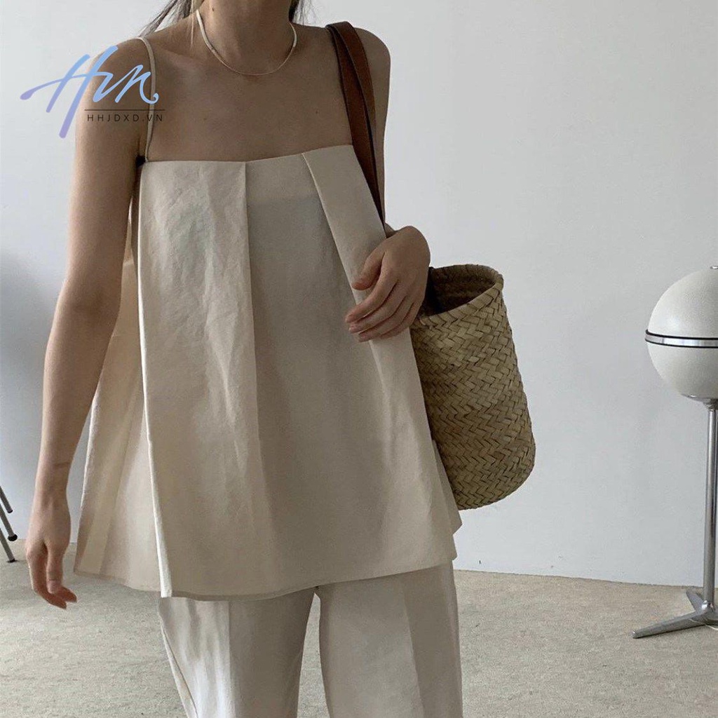 Áo Hai Dây Cổ Phẳng Xếp Ly Dáng Chữ a Màu Trơn Phong Cách Hàn Quốc Thời Trang Mùa Hè 2023 Dành Cho Bạn Nữ