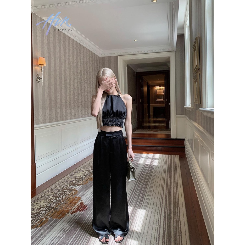 Quần Satin Bóng Ống Thẳng Eo Cao Thời Trang Cho Nữ