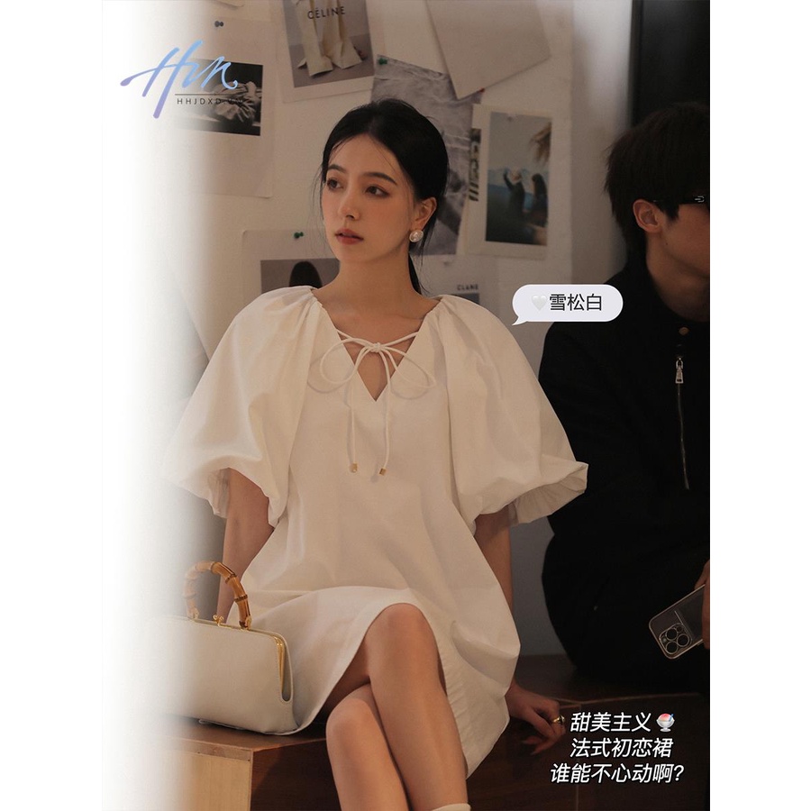 Đầm Sơ Mi Trắng Cổ Chữ V Tay Phồng Chất Cotton Thời Trang Mùa Hè Xinh Xắn Cho Nữ