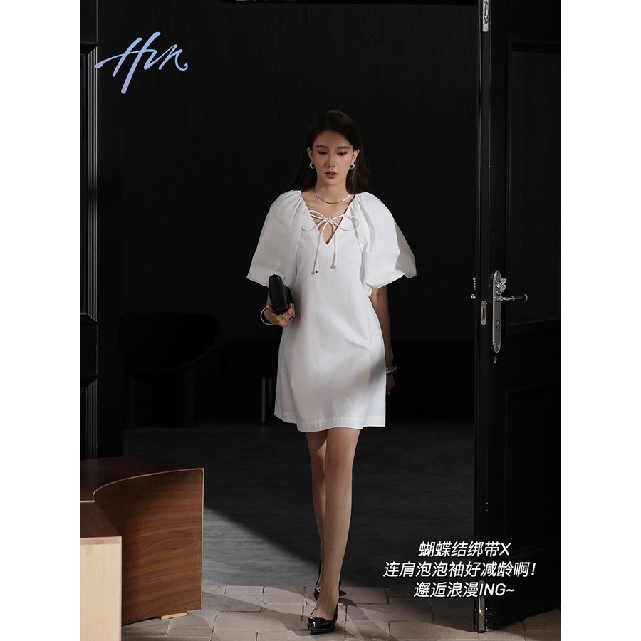 Đầm Sơ Mi Trắng Cổ Chữ V Tay Phồng Chất Cotton Thời Trang Mùa Hè Xinh Xắn Cho Nữ