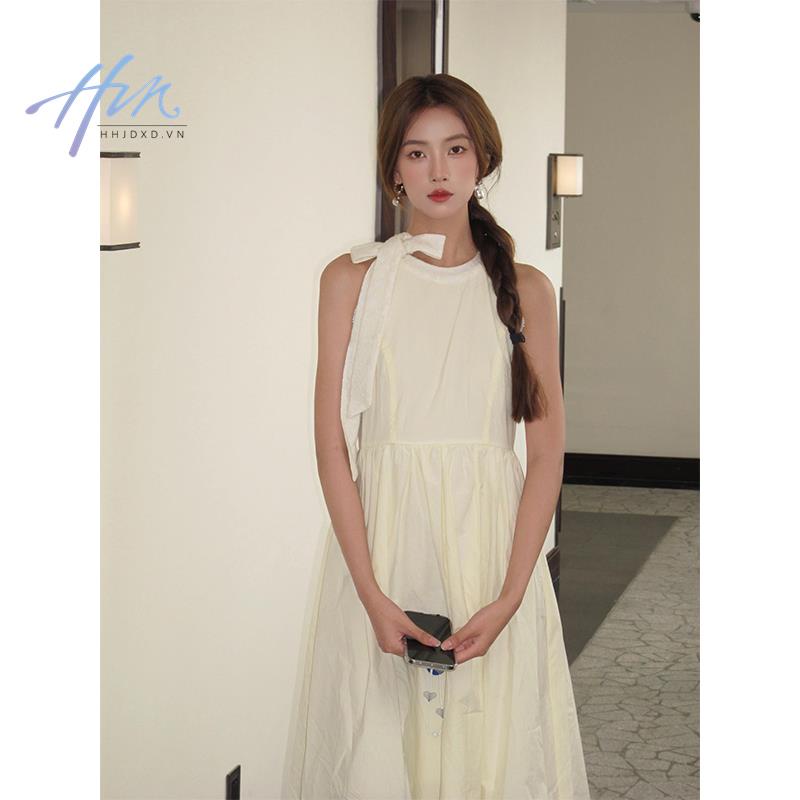 Đầm Dài Cổ Cao Cột Dây Nơ Thời Trang Mùa Hè Phong Cách Pháp Cho Nữ