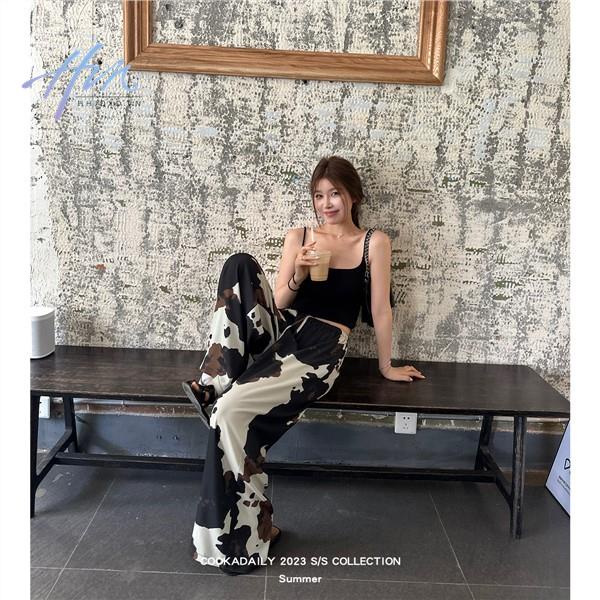 Quần Dài Dáng Rộng Lưng Thun Co Giãn Ôm Dáng Họa Tiết Bò Sữa Nhỏ Thời Trang Cho Nữ