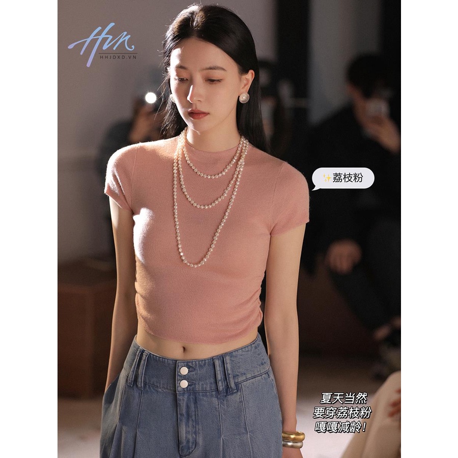 Áo Thun Dệt Kim Ngắn Tay Ôm Dáng Thiết Kế Xếp Ly Viền Cạnh Màu Hồng Cho Nữ
