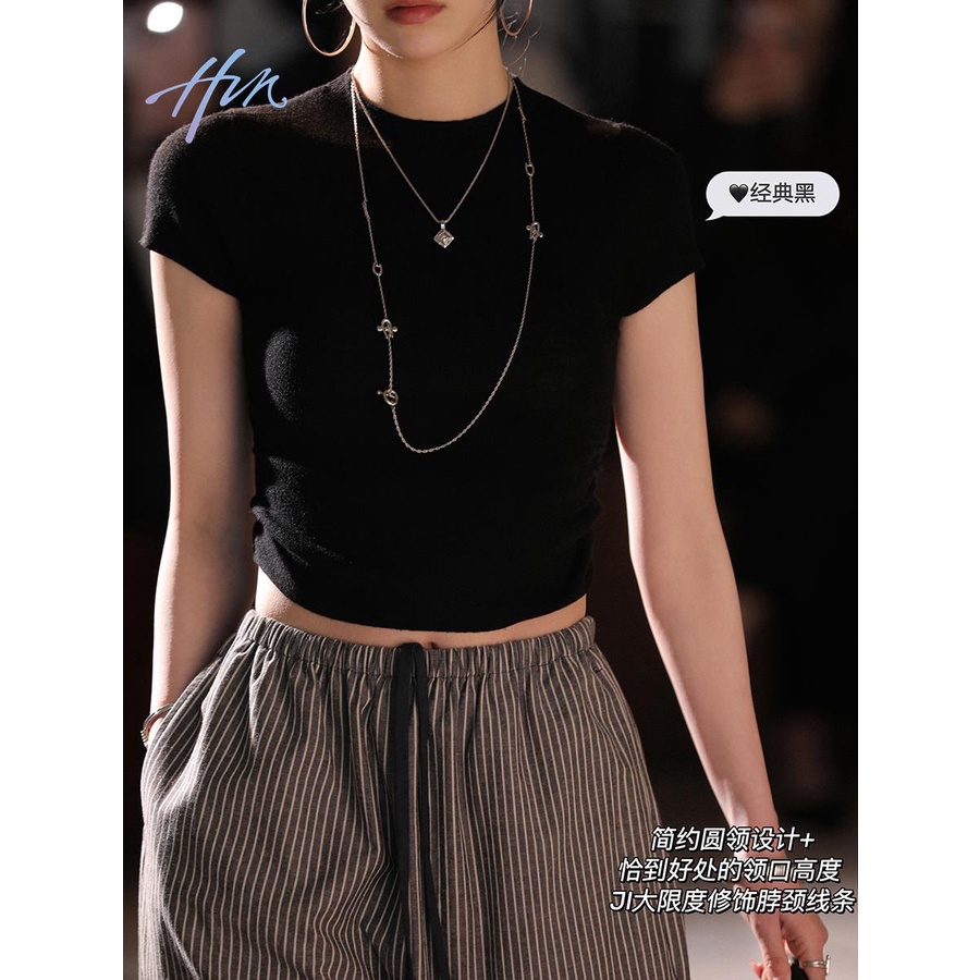 Áo Thun Dệt Kim Ngắn Tay Ôm Dáng Thiết Kế Xếp Ly Viền Cạnh Màu Hồng Cho Nữ