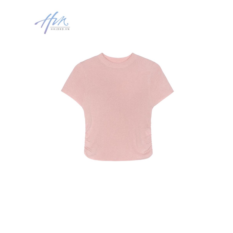 Áo Thun Dệt Kim Ngắn Tay Ôm Dáng Thiết Kế Xếp Ly Viền Cạnh Màu Hồng Cho Nữ