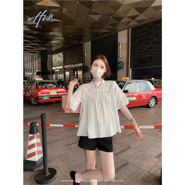 Áo Sơ Mi Trắng Tay Lửng Cổ Tròn Ngọt Ngào Dễ Phối Đồ Thời Trang Mùa Hè Cho Nữ