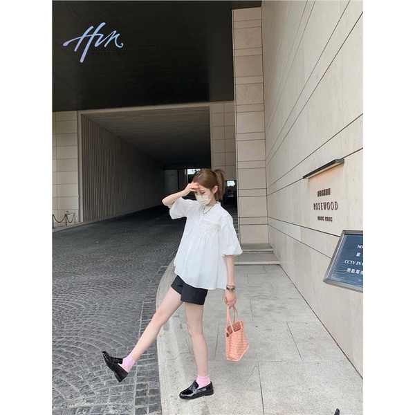 Áo Sơ Mi Trắng Tay Lửng Cổ Tròn Ngọt Ngào Dễ Phối Đồ Thời Trang Mùa Hè Cho Nữ
