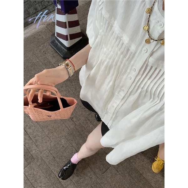 Áo Sơ Mi Trắng Tay Lửng Cổ Tròn Ngọt Ngào Dễ Phối Đồ Thời Trang Mùa Hè Cho Nữ